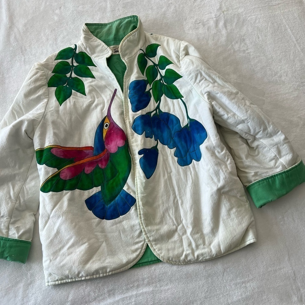 Vintage 90s Open Front Canvas Jacket With Hummingbird Art by Julia Pinkham